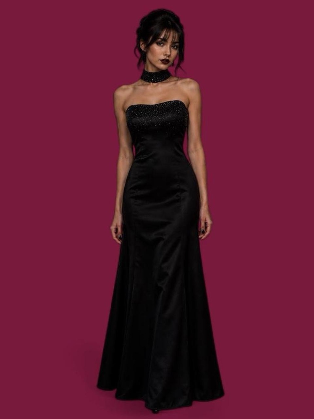 Vintage Y2k Morgan & Co. Black Beaded Fishtail Prom Dress
